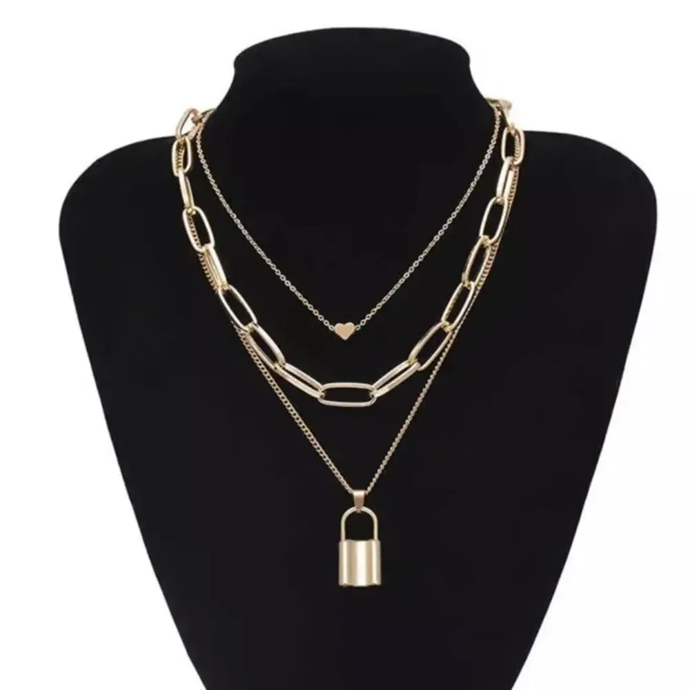 NEW 18 karat yellow gold plated triple layer lock and heart necklace jewelry B21